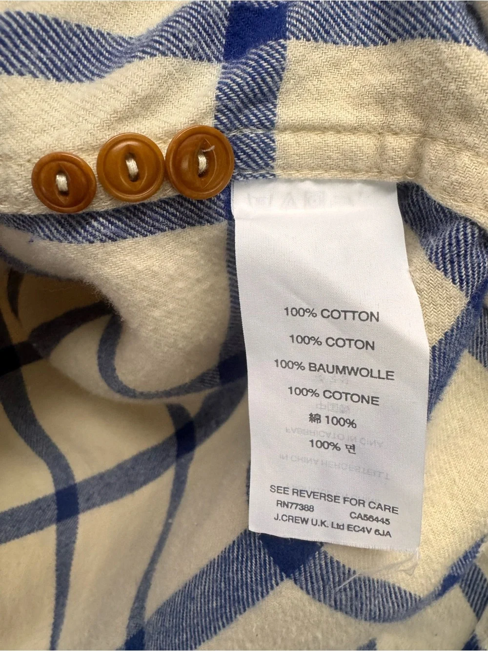 J. Crew 100% Cotton Cream & Blue Plaid Button-Down Shirt EUC Size 0
